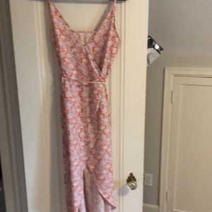 Asymmetrical coral floral wrap dress